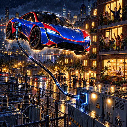 A blue and red flying Roadster restores power over a rainy city at night