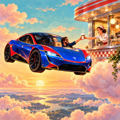 The flying Roadster takes a coffee at a diner above the clouds at sunset