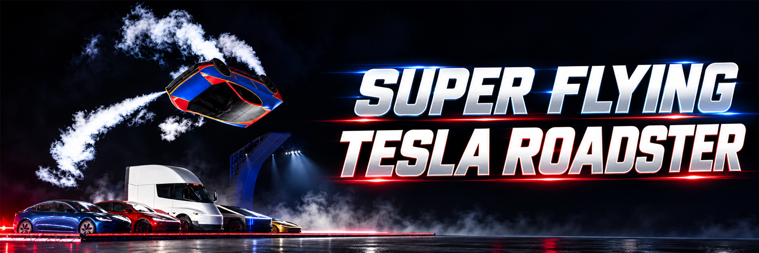 Super Flying Tesla Roadster banner, the flying car above a lineup of cars on a dark stage